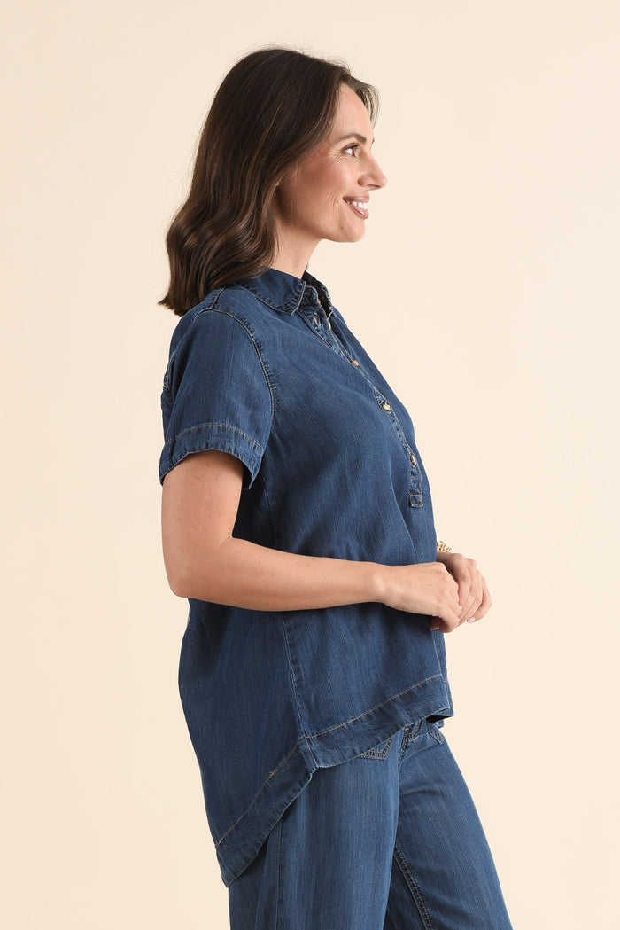 Dune Dark Denim Button Top,Side,Brunette model,alt text|model:MJ