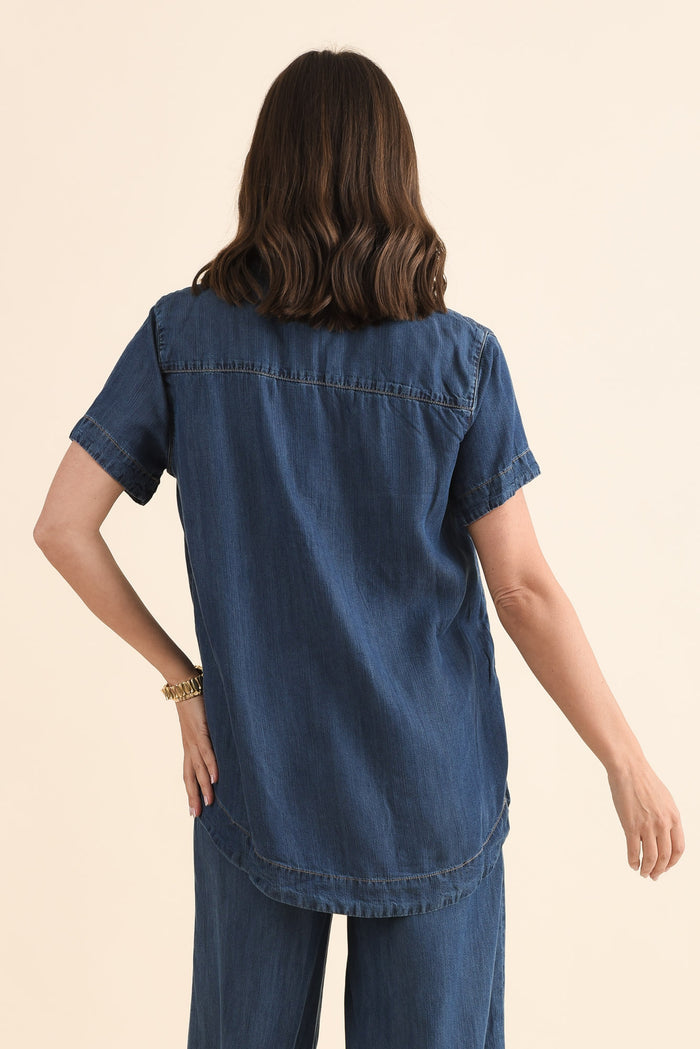 Dune Dark Denim Button Top,Back,Brunette model,alt text|model:MJ