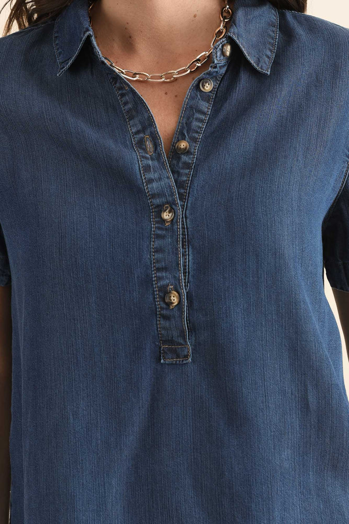 Dune Dark Denim Button Top,Detail,Brunette model,alt text|model:MJ