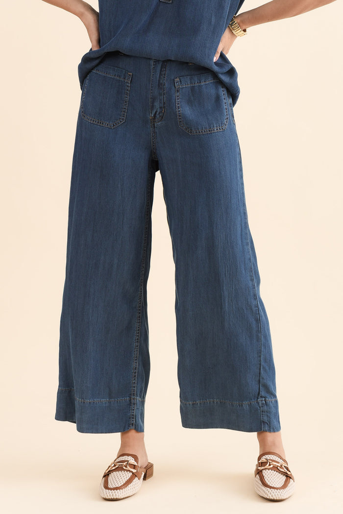 Dune Dark Denim Wide Leg Pants,Front,Brunette model,alt text|model:MJ