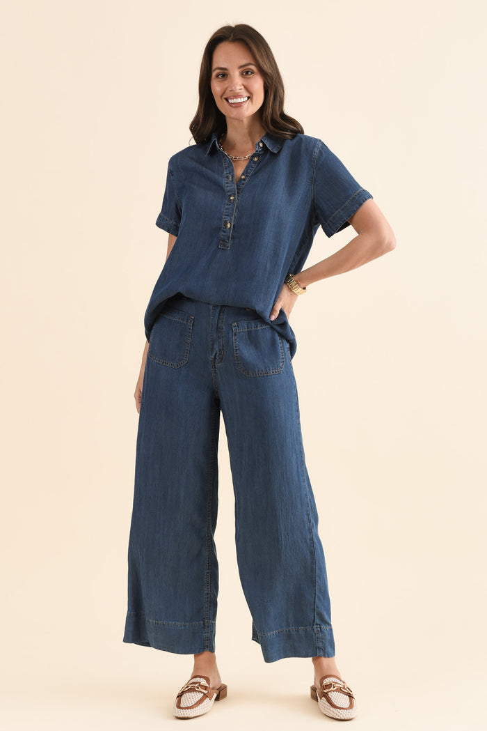 Dune Dark Denim Wide Leg Pants,Full Body,Brunette model,alt text|model:MJ