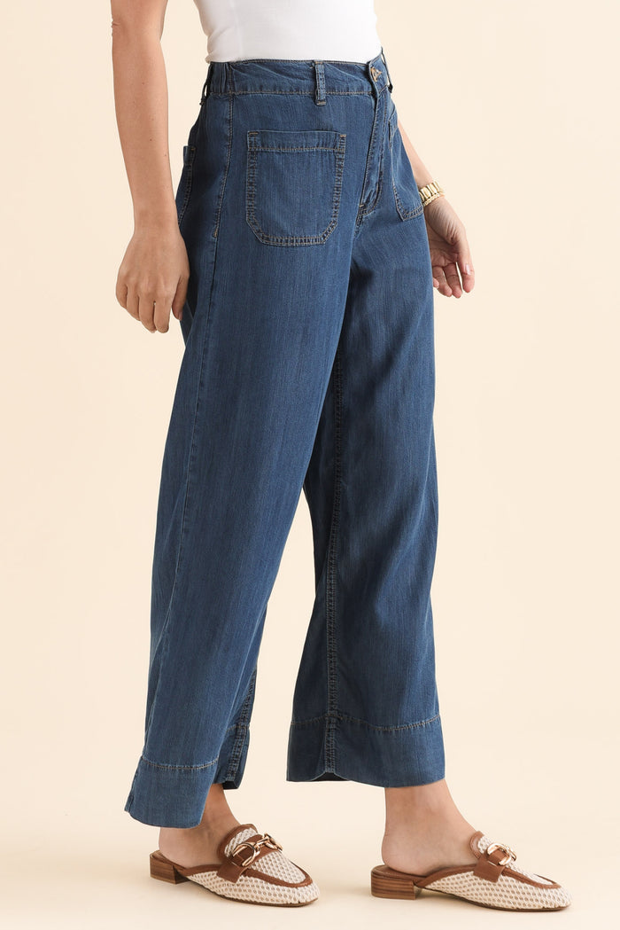 Dune Dark Denim Wide Leg Pants,Side,Brunette model,alt text|model:MJ