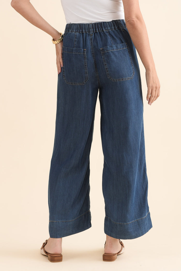 Dune Dark Denim Wide Leg Pants,Back,Brunette model,alt text|model:MJ