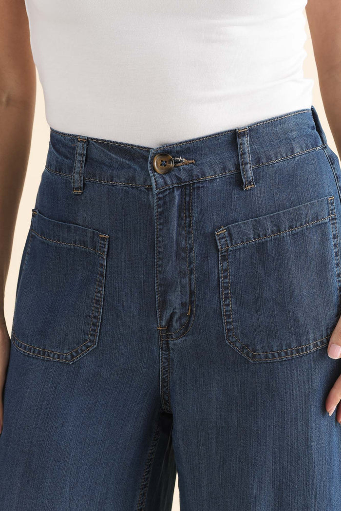 Dune Dark Denim Wide Leg Pants,Detail,Brunette model,alt text|model:MJ