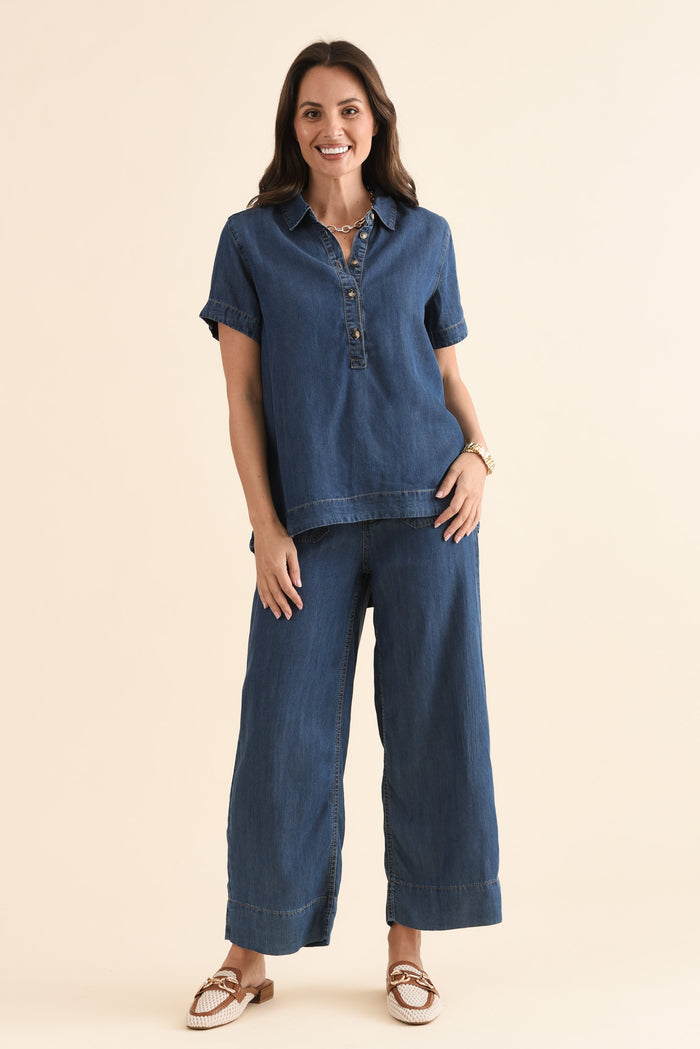 Dune Dark Denim Wide Leg Pants,Full Body,Brunette model,alt text|model:MJ