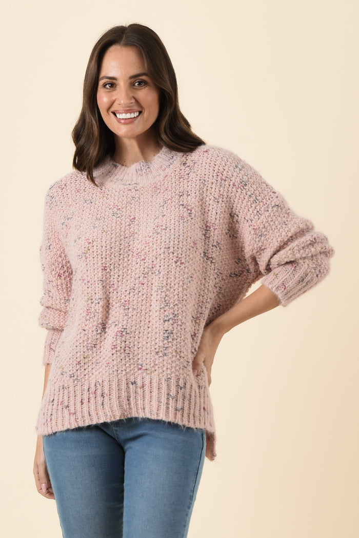 Dunham Pale Pink Speckle Knit Jumper,Brunette model,alt text|model:MJ