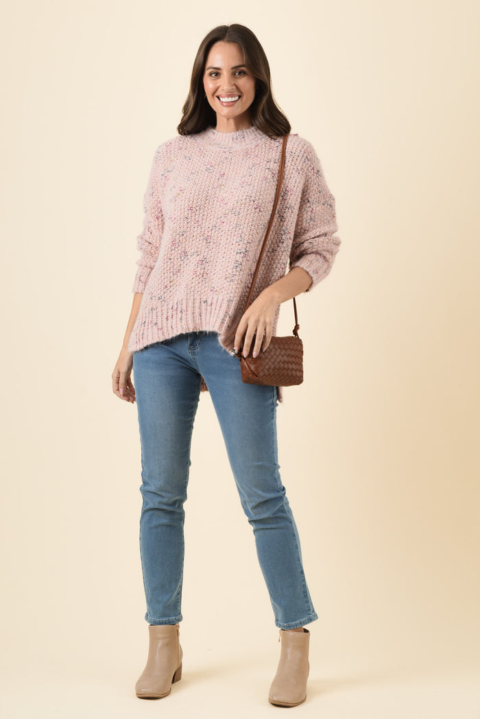 Dunham Pale Pink Speckle Knit Jumper,Brunette model,alt text|model:MJ