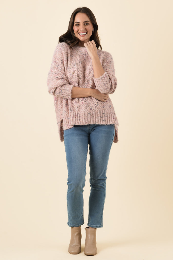 Dunham Pale Pink Speckle Knit Jumper,Brunette model,alt text|model:MJ