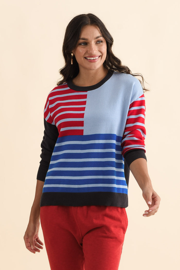 Effie Blue Stripe Knit Jumper,Brunette model,alt text|model:Brontie
