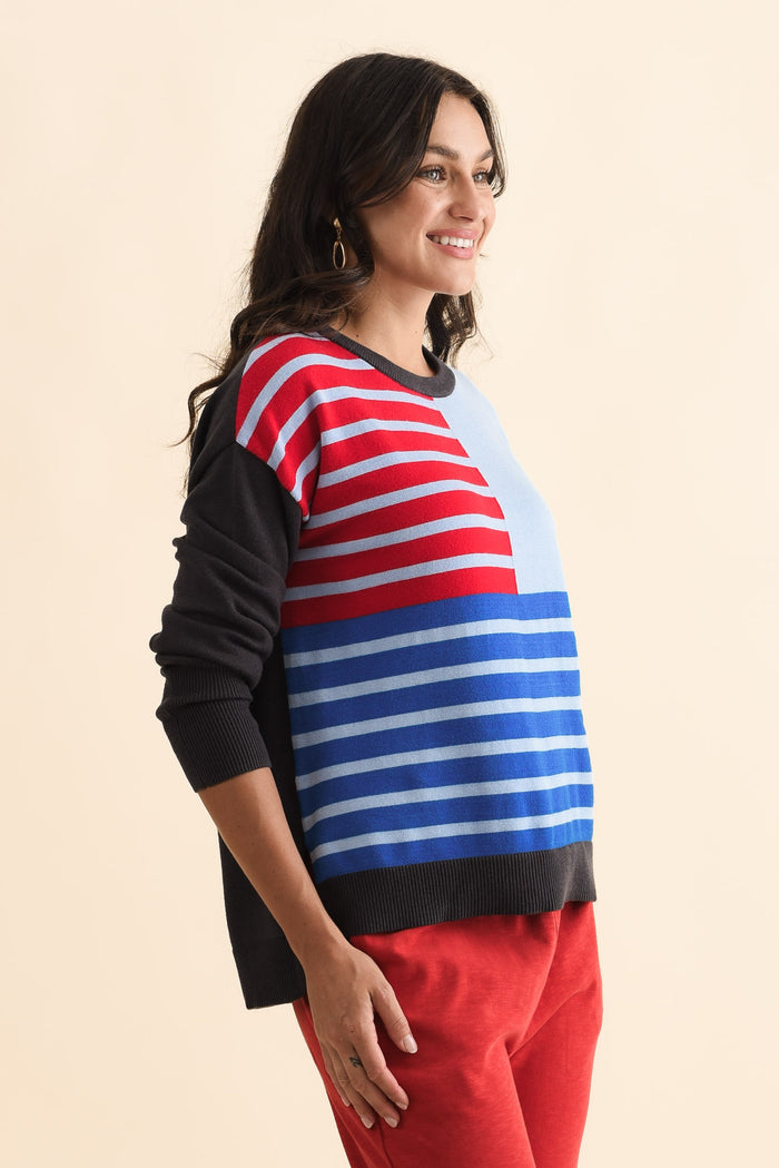 Effie Blue Stripe Knit Jumper,Brunette model,alt text|model:Brontie
