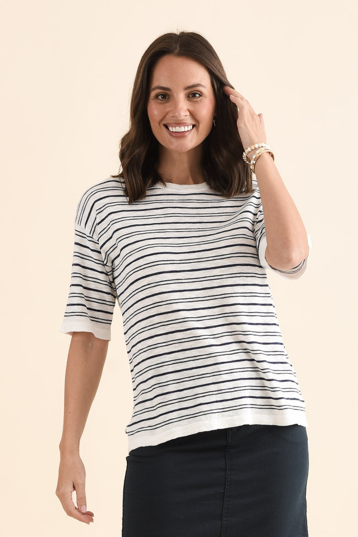 Eleni Navy Stripe Knit Tee,Front,Brunette model,alt text|model:MJ