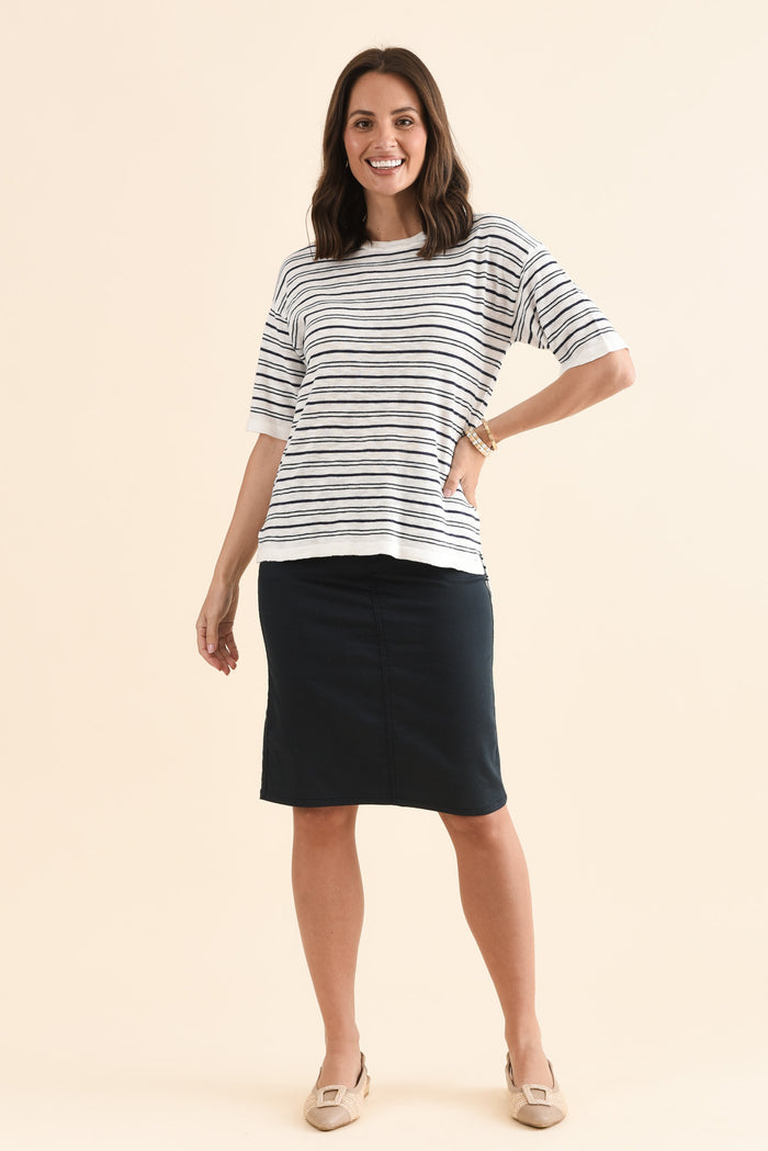 Eleni Navy Stripe Knit Tee,Full Body,Brunette model,alt text|model:MJ