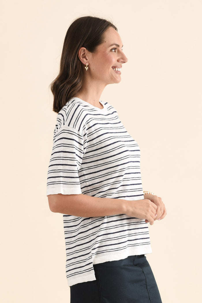 Eleni Navy Stripe Knit Tee,Side,Brunette model,alt text|model:MJ