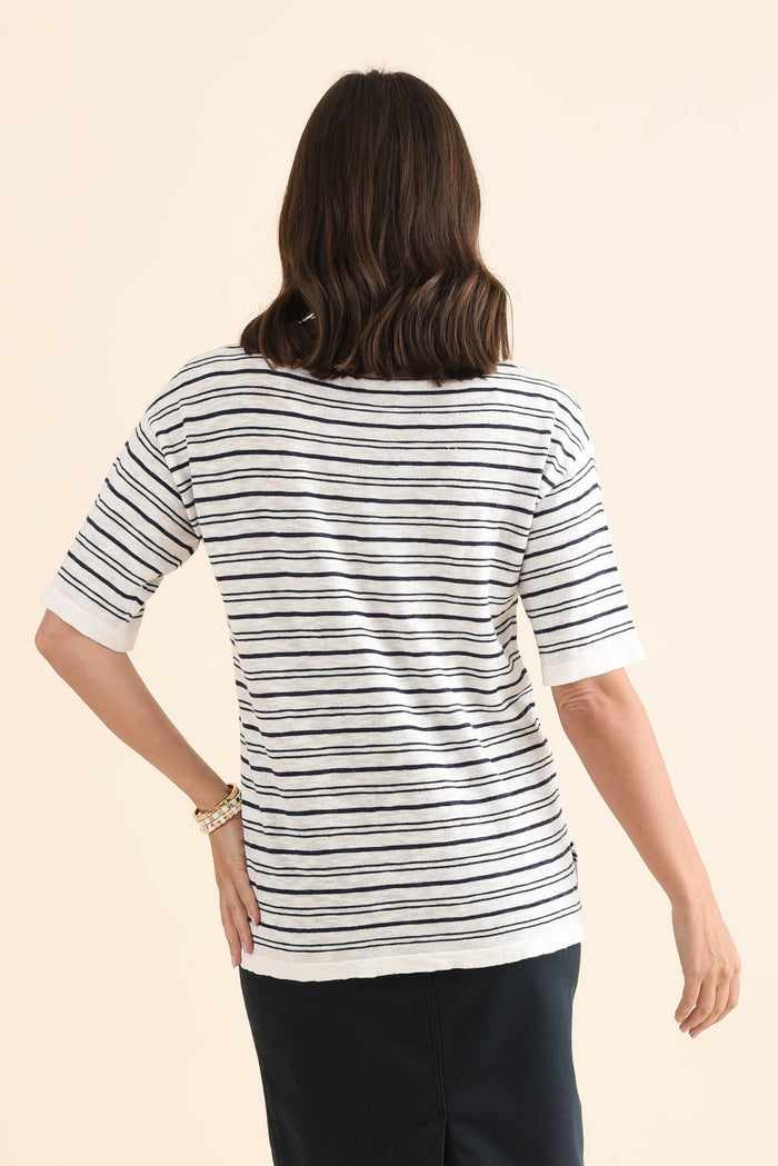 Eleni Navy Stripe Knit Tee,Back,Brunette model,alt text|model:MJ