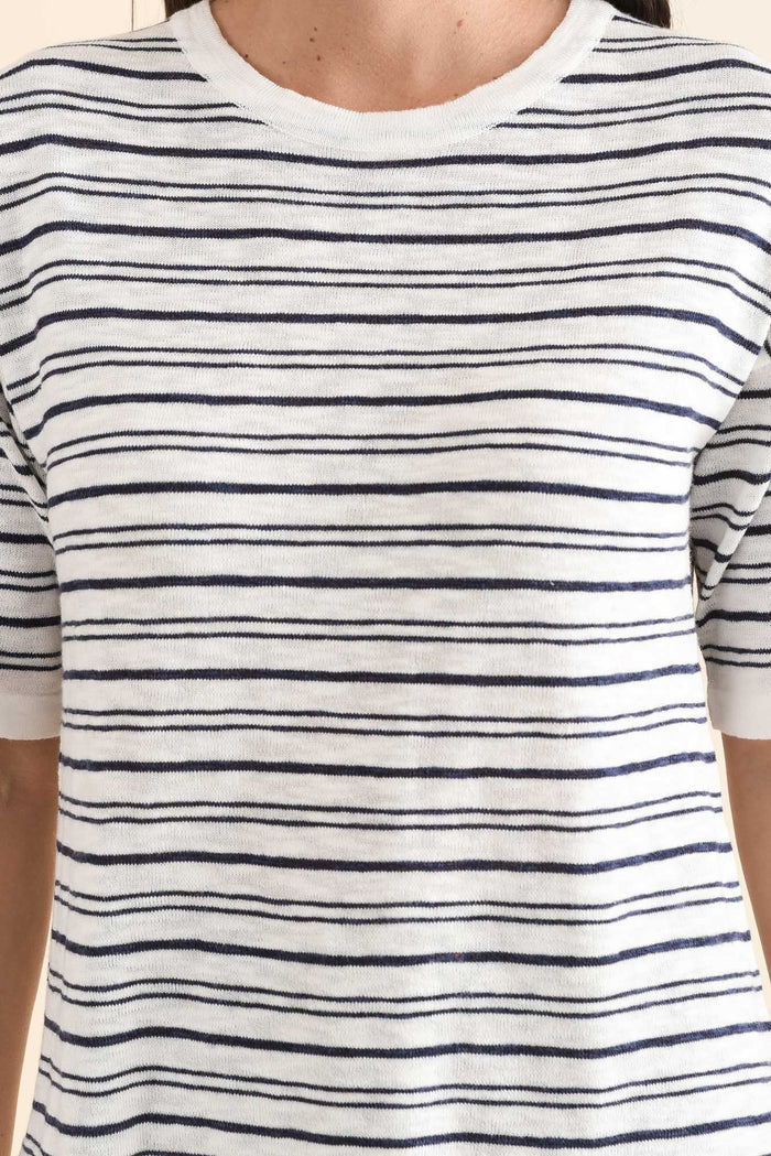 Eleni Navy Stripe Knit Tee,Detail,Brunette model,alt text|model:MJ