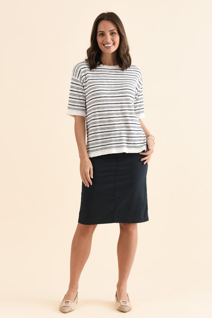 Eleni Navy Stripe Knit Tee,Full Body,Brunette model,alt text|model:MJ