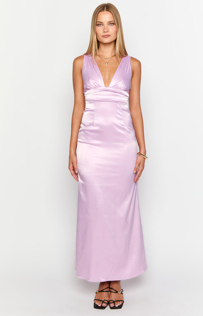 Purple satin maxi dress featuring a deep V-neckline and gathered detail under the bust