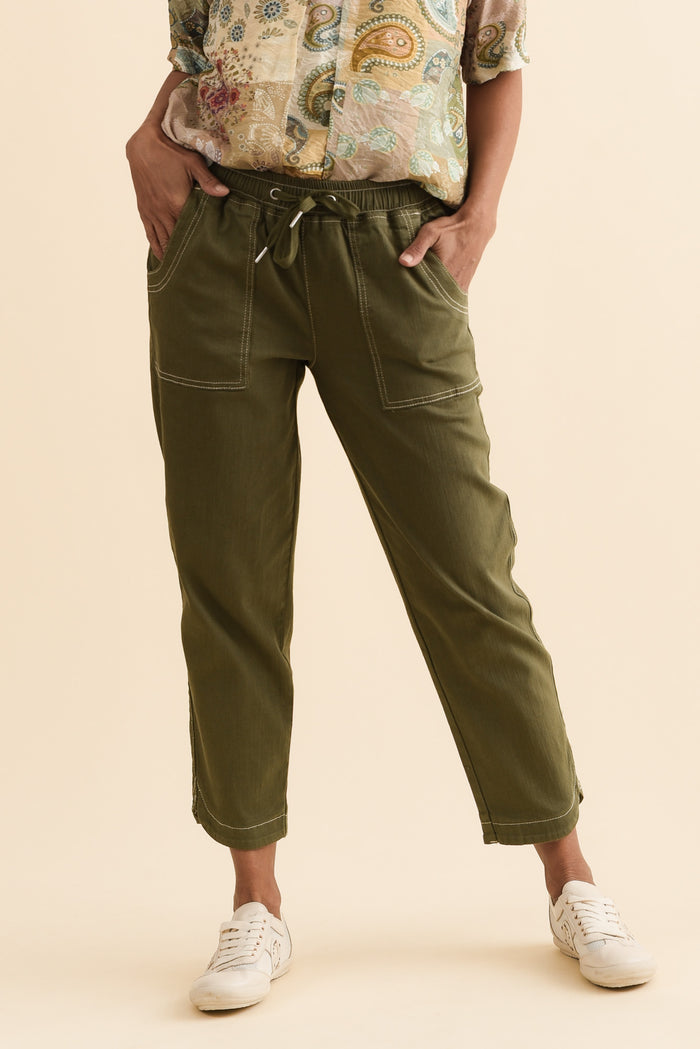 Eliana Olive Cotton Stretch Jeans,Brunette model,alt text|model:Cara
