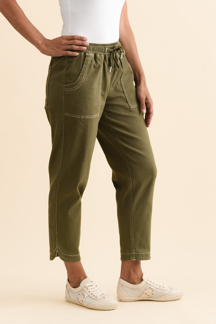 Eliana Olive Cotton Stretch Jeans,Brunette model,alt text|model:Cara