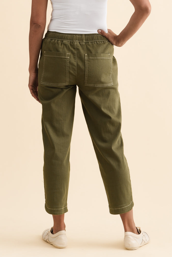 Eliana Olive Cotton Stretch Jeans,Brunette model,alt text|model:Cara