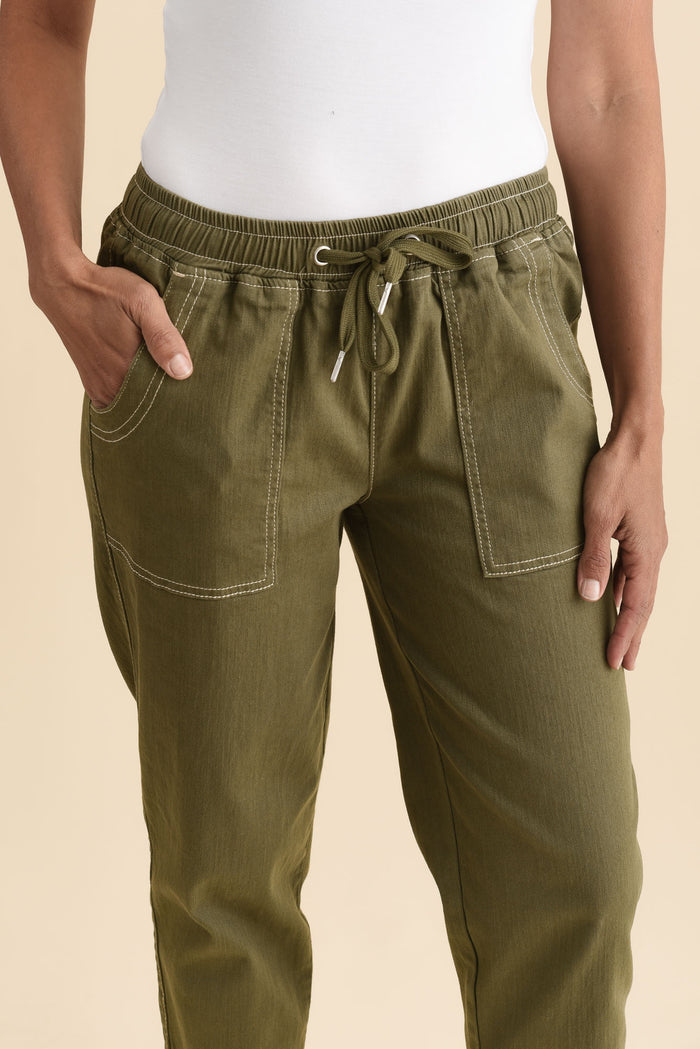 Eliana Olive Cotton Stretch Jeans,Brunette model,alt text|model:Cara