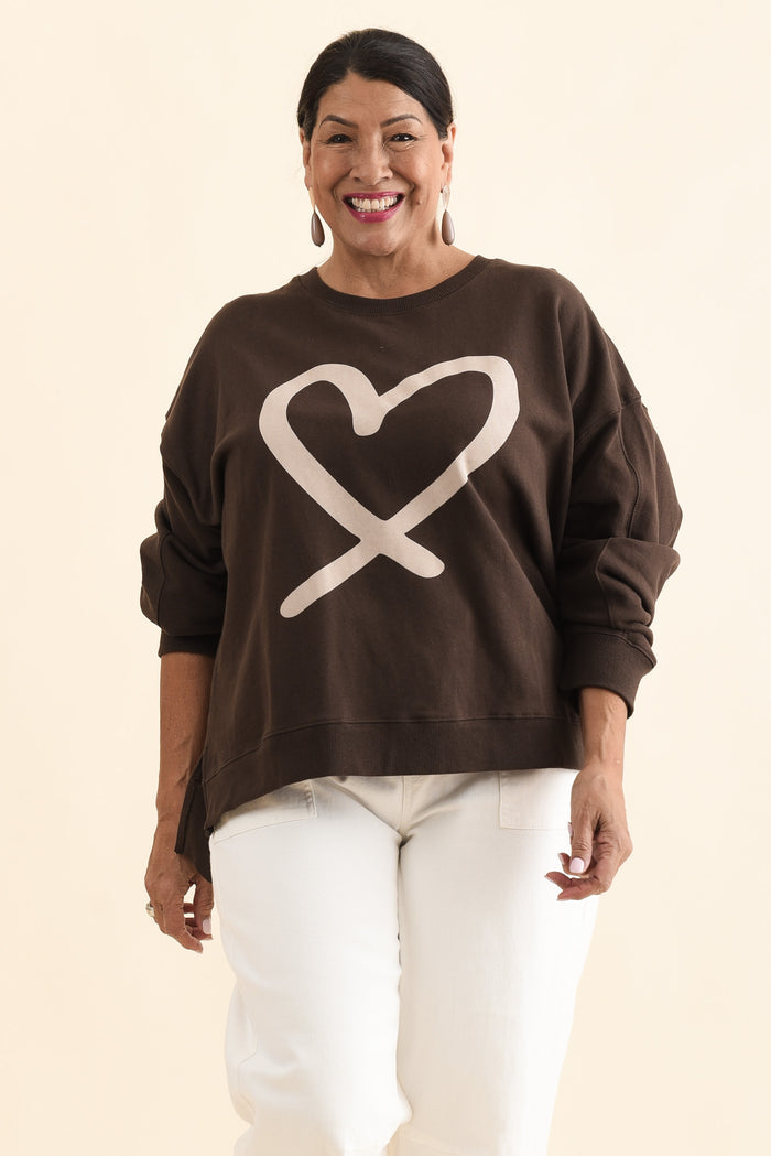 Elin Chocolate Heart Cotton Sweatshirt,Front,Brunette model,alt text|model:Pilita
