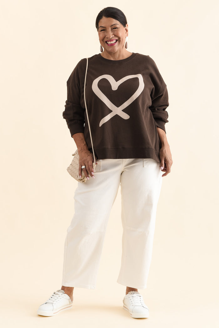 Elin Chocolate Heart Cotton Sweatshirt,Full Body,Brunette model,alt text|model:Pilita