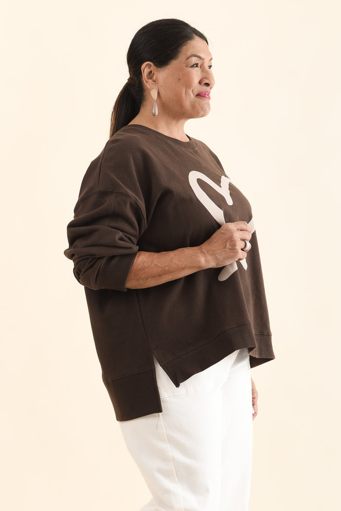 Elin Chocolate Heart Cotton Sweatshirt,Side,Brunette model,alt text|model:Pilita
