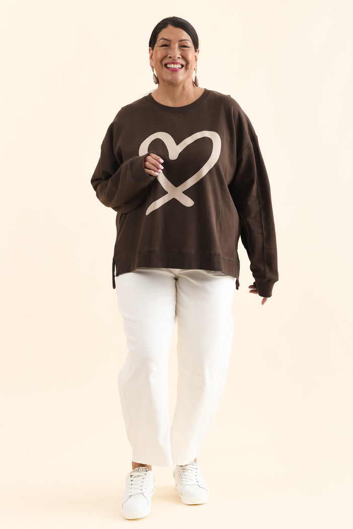 Elin Chocolate Heart Cotton Sweatshirt,Full Body,Brunette model,alt text|model:Pilita
