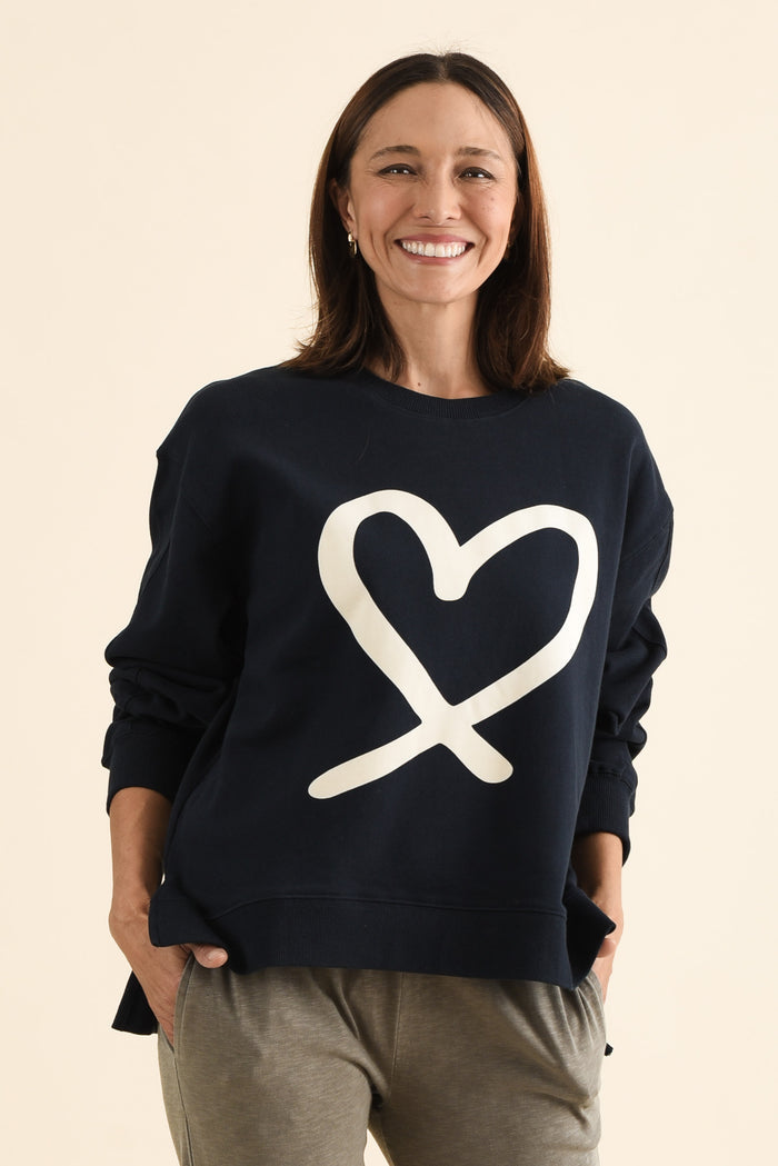 Elin Navy Heart Cotton Sweatshirt,brunette model,Front of Outfit,alt text|model:Cara