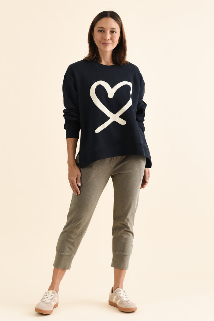 Elin Navy Heart Cotton Sweatshirt,brunette model,Full Outfit,alt text|model:Cara