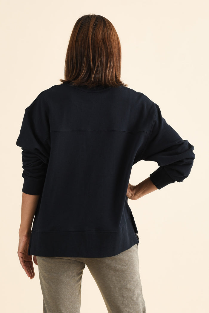Elin Navy Heart Cotton Sweatshirt,brunette model,Back of Outfit,alt text|model:Cara