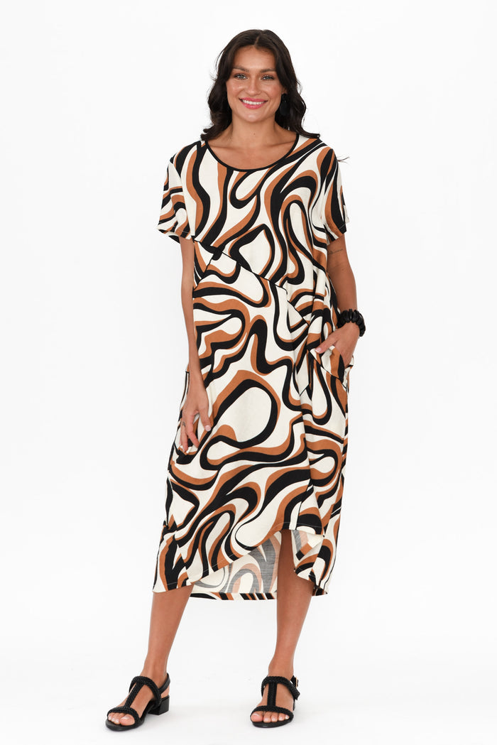 Elinda Brown Swirl Pocket Dress,Brunette model,alt text|model:Brontie