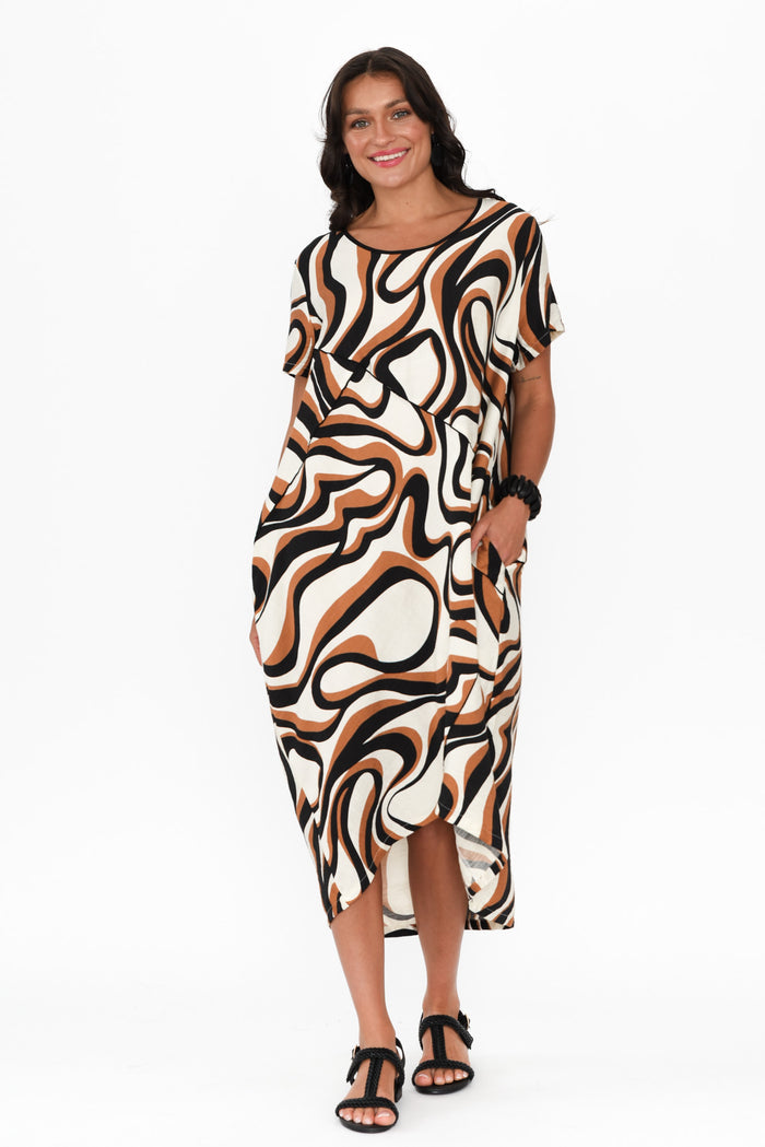 Elinda Brown Swirl Pocket Dress,Brunette model,alt text|model:Brontie