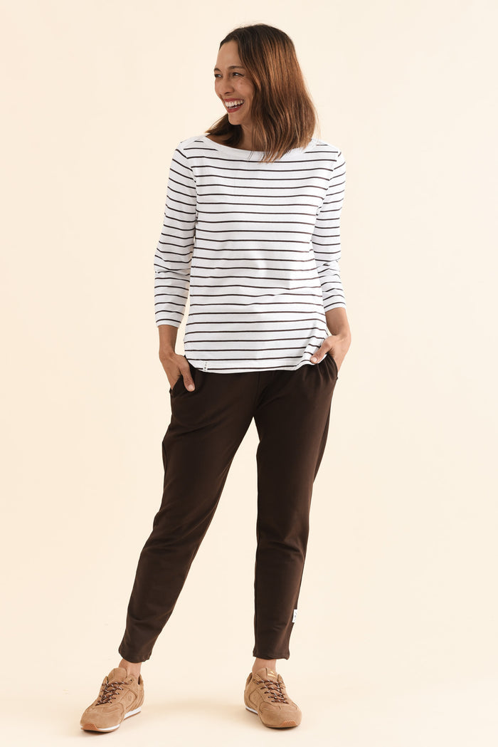 Eliza Chocolate Stripe Cotton Boatneck Tee,Full Body,Brunette model,alt text|model:Cara