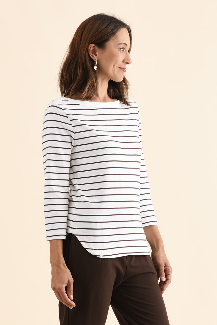 Eliza Chocolate Stripe Cotton Boatneck Tee,Side,Brunette model,alt text|model:Cara