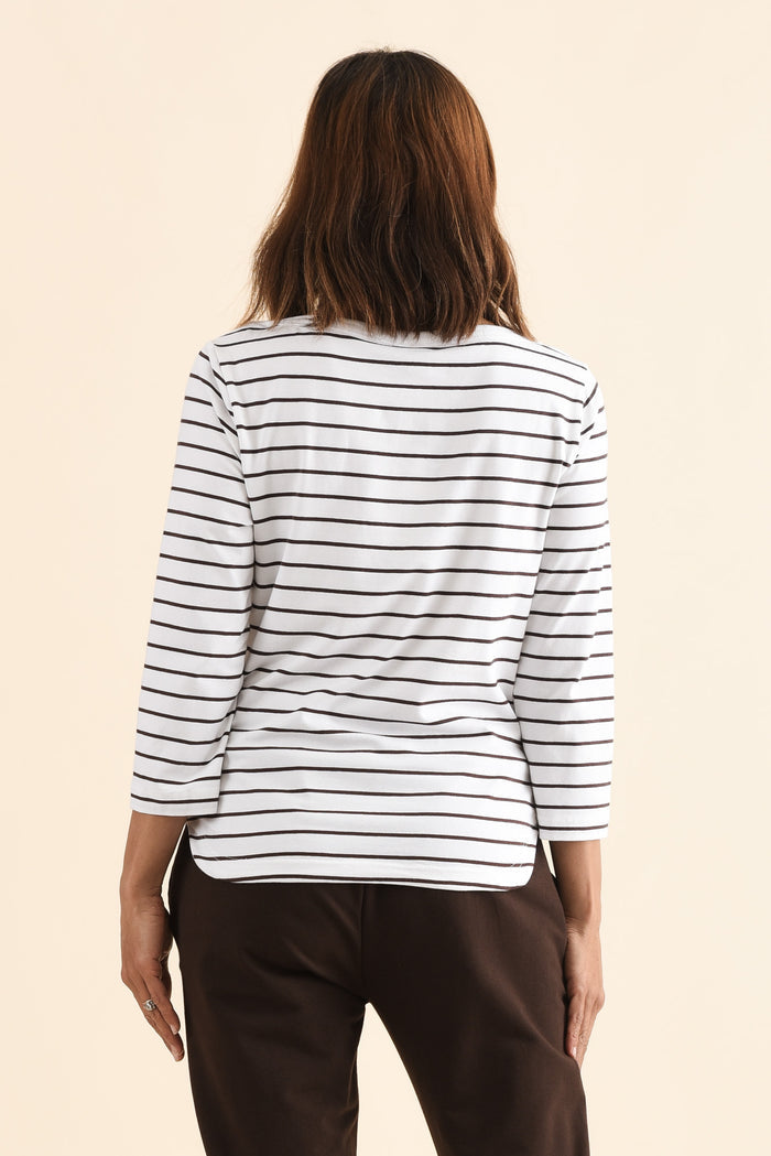 Eliza Chocolate Stripe Cotton Boatneck Tee,Back,Brunette model,alt text|model:Cara