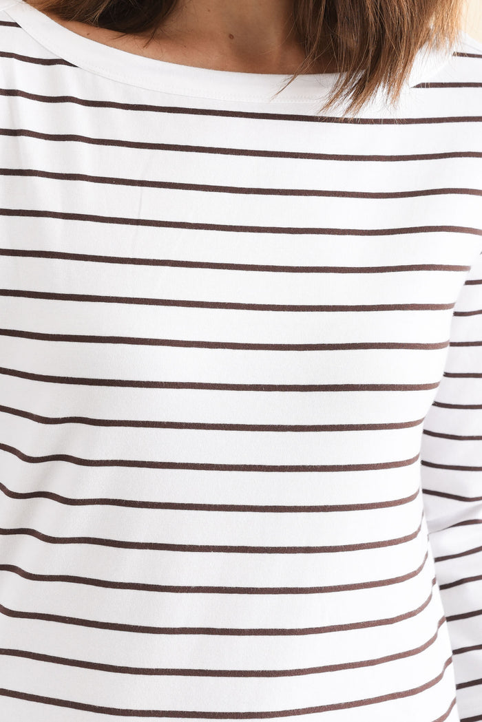 Eliza Chocolate Stripe Cotton Boatneck Tee,Detail,Brunette model,alt text|model:Cara