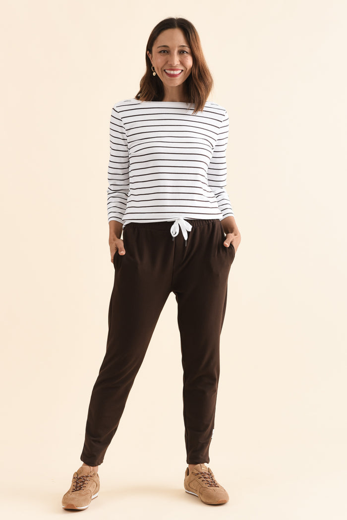Eliza Chocolate Stripe Cotton Boatneck Tee,Full Body,Brunette model,alt text|model:Cara