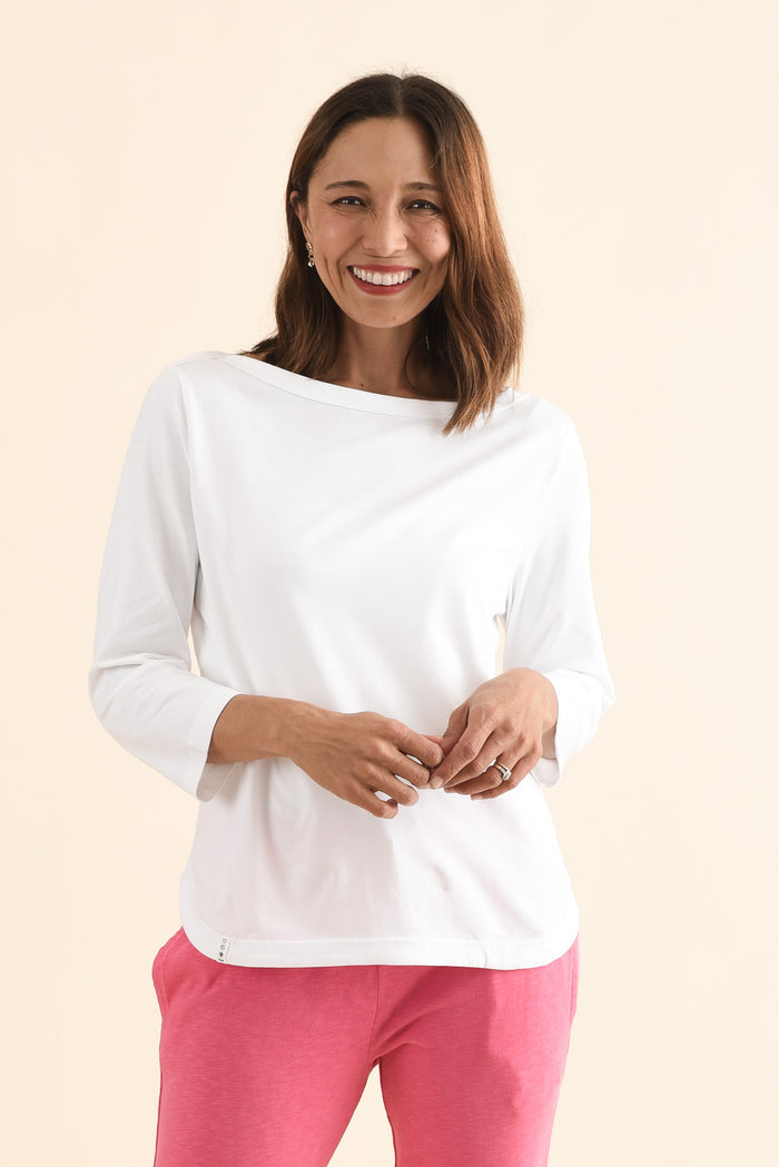 Eliza White Cotton Boatneck Tee,Front,Brunette model,alt text|model:Cara