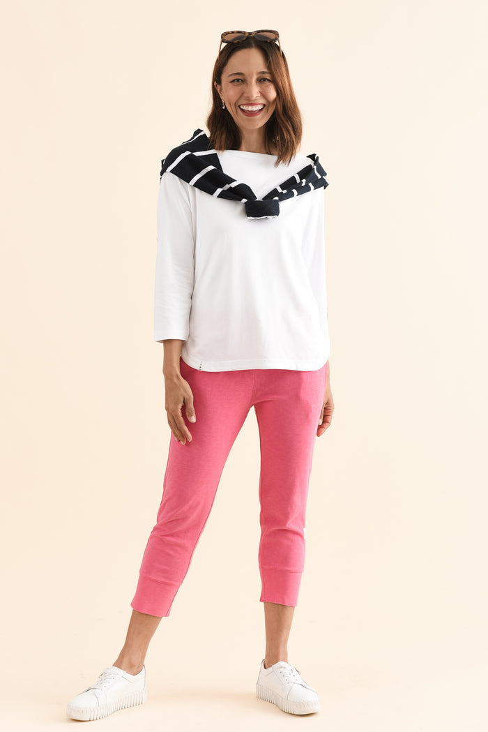 Eliza White Cotton Boatneck Tee,Full Body,Brunette model,alt text|model:Cara