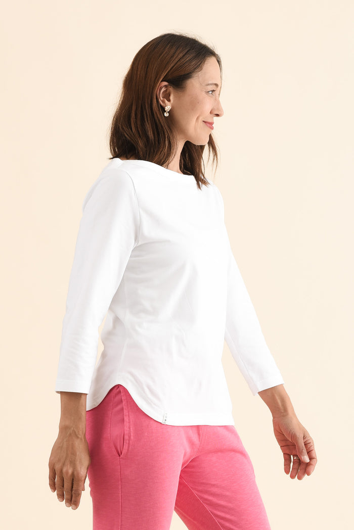 Eliza White Cotton Boatneck Tee,Side,Brunette model,alt text|model:Cara