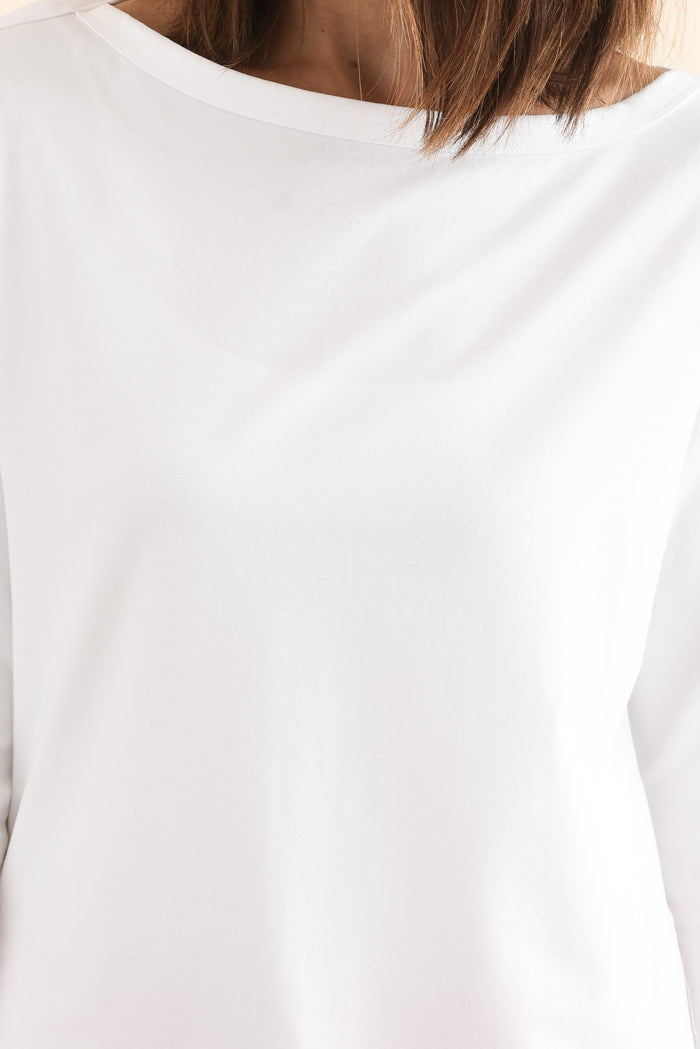 Eliza White Cotton Boatneck Tee,Detail,Brunette model,alt text|model:Cara