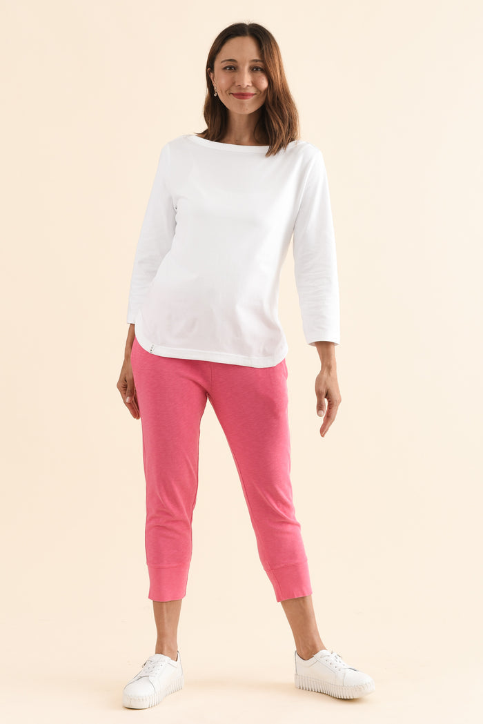 Eliza White Cotton Boatneck Tee,Full Body,Brunette model,alt text|model:Cara