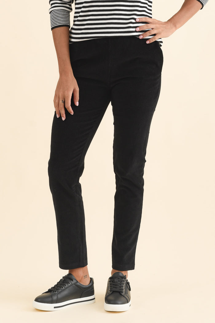 Elle Black Corduroy Pants,Brunette model,alt text|model:Brontie