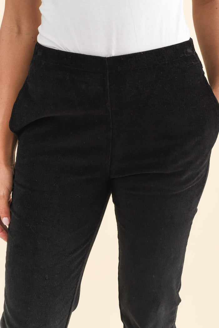 Elle Black Corduroy Pants,Brunette model,alt text|model:Brontie