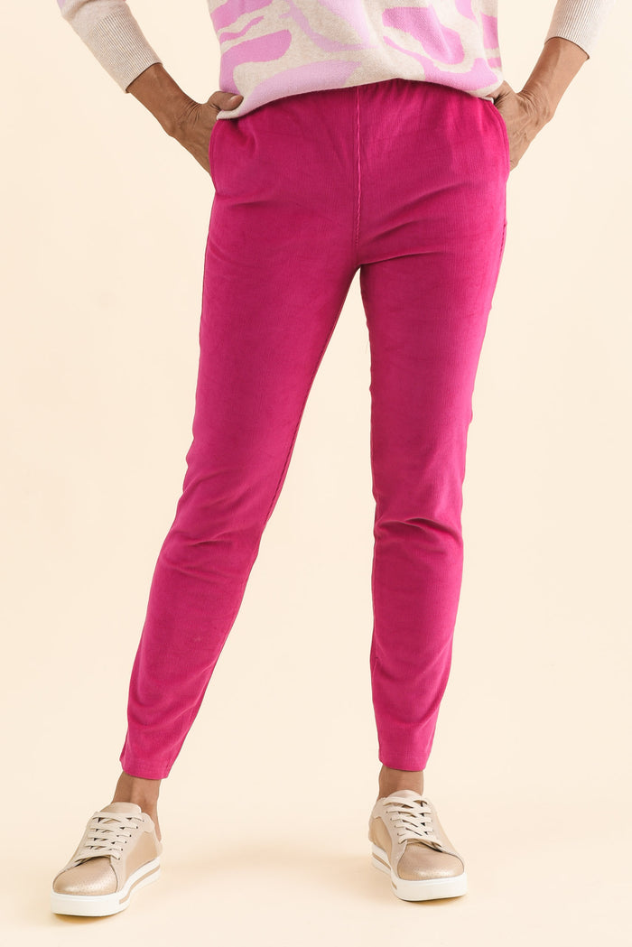 Elle Hot Pink Corduroy Pants,Brunette model,alt text|model:Cara