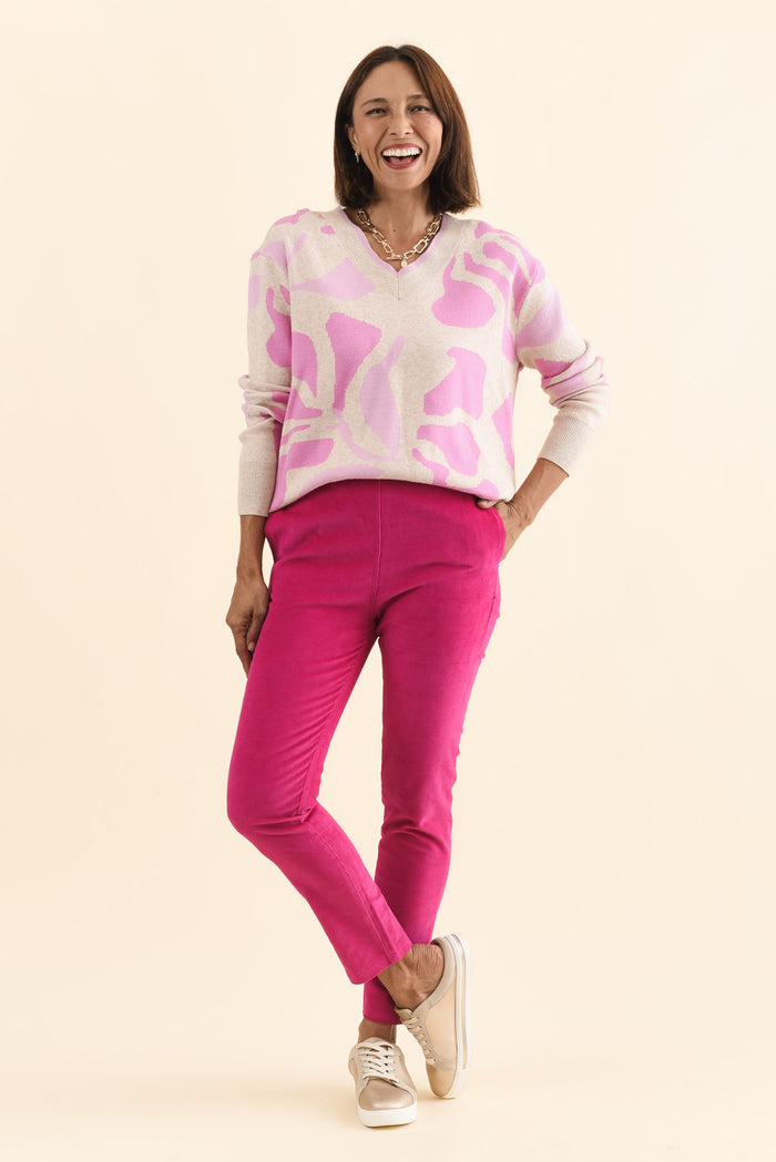 Elle Hot Pink Corduroy Pants,Brunette model,alt text|model:Cara