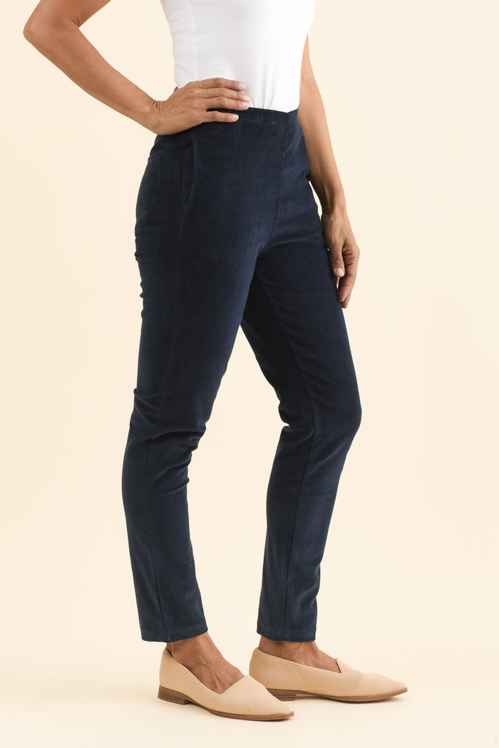 Elle Navy Corduroy Pants,Brunette model,alt text|model:Cara