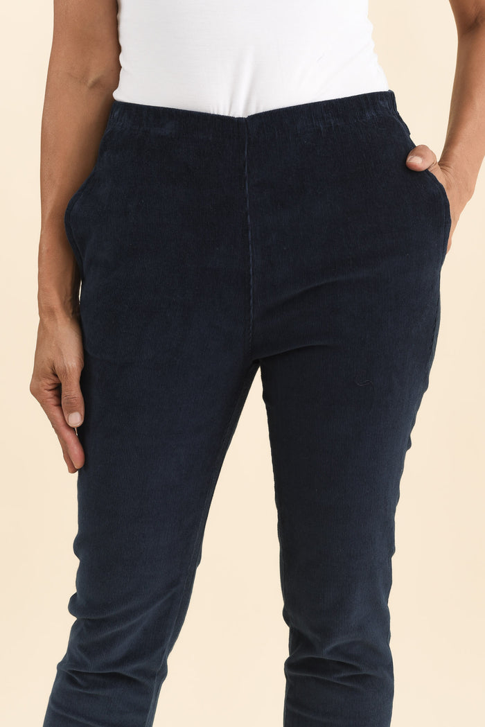 Elle Navy Corduroy Pants,Brunette model,alt text|model:Cara
